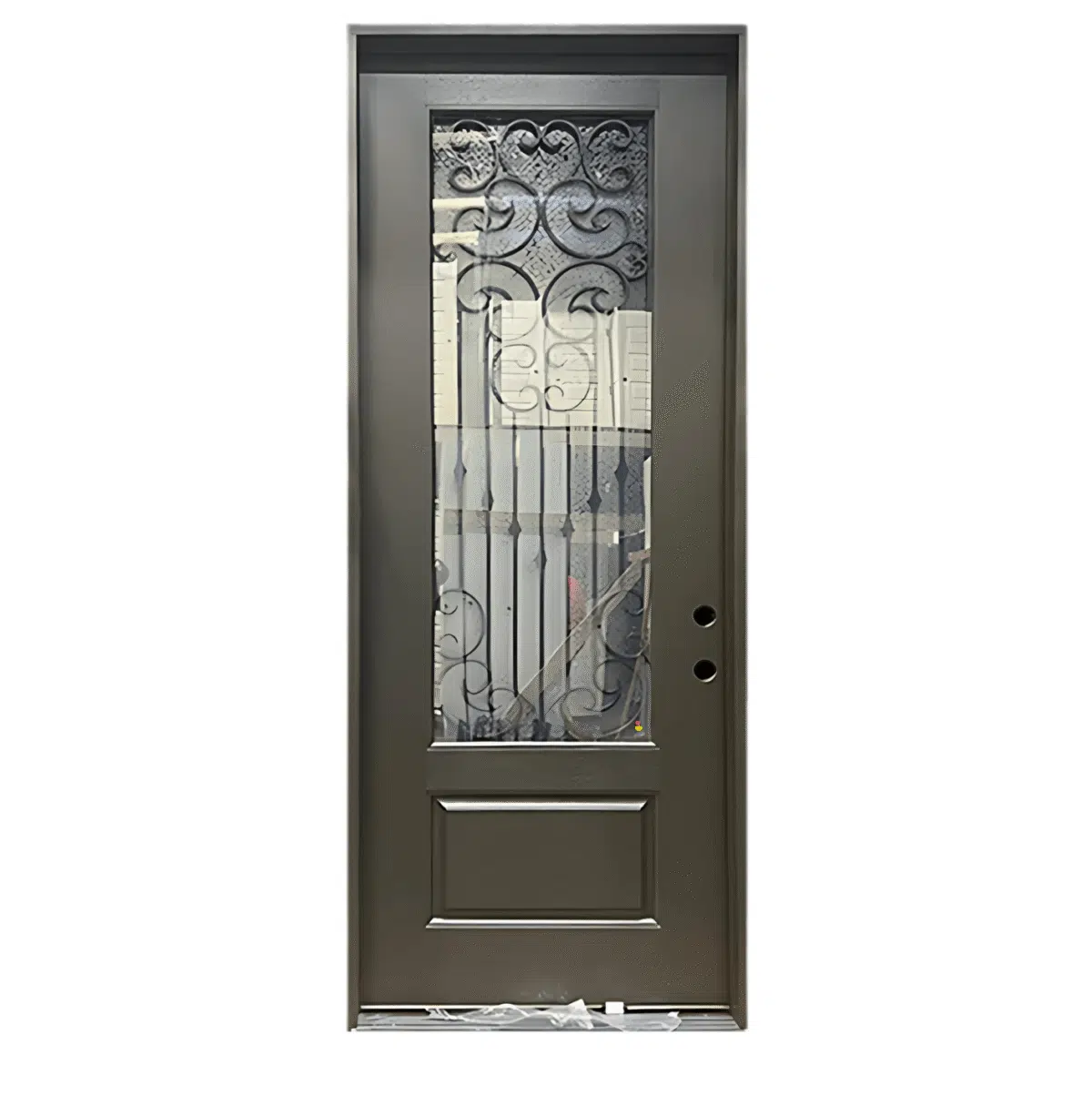 With wrought iron glass